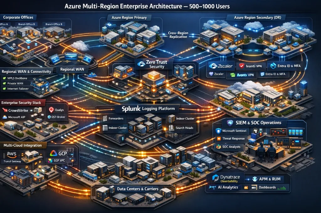 Enterprise IT network architecture diagram for Azure Multi-Region Enterprise (500–1000 users).webp