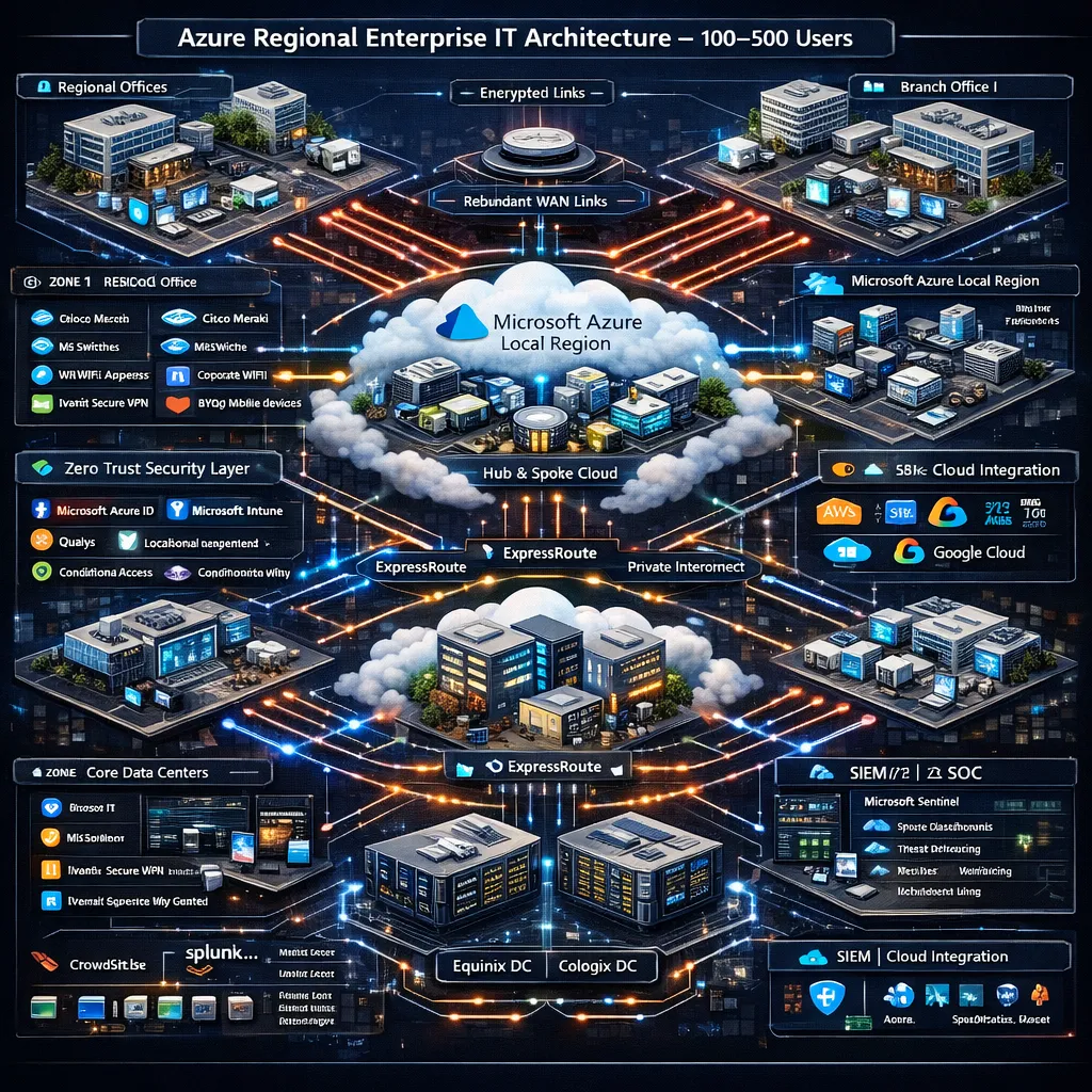 Enterprise IT network architecture diagram for Azure Regional Enterprise (100–500 users).webp